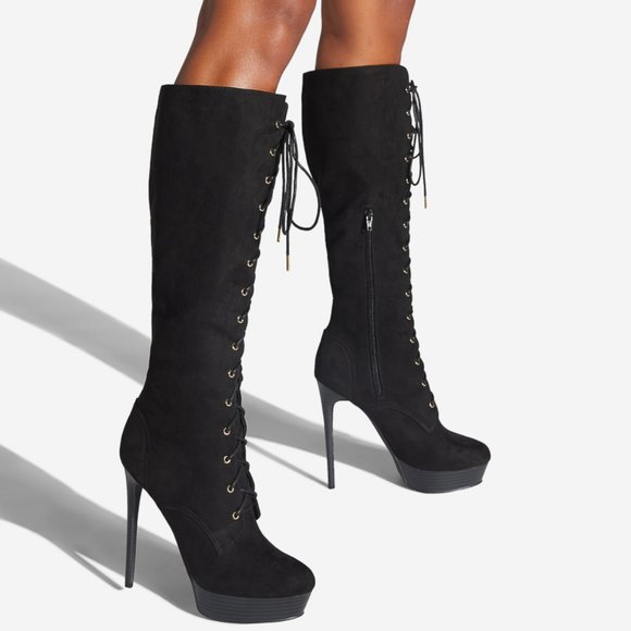 Extreme Black Knee High Platform Stiletto Heel Boots - Picture 1 of 7
